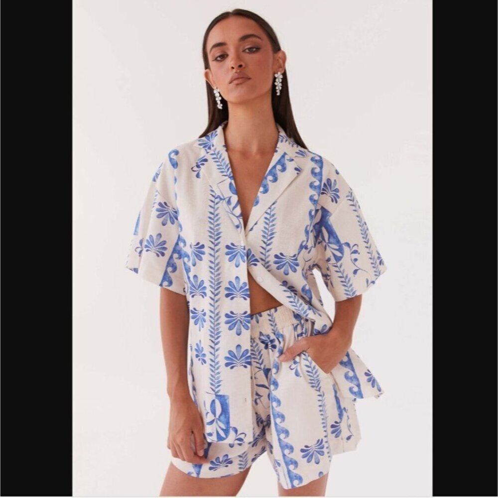Peppermayo Exclusive Sweet Relief Linen Oversized Camp Shirt Floral Wave XXS